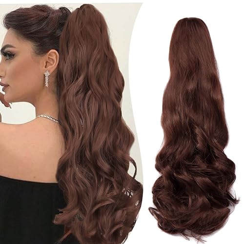 Gairyan 50cm Pferdeschwanz Haarteil Zopf Extensions Lang Lockige Claw Clip in Ponytail Extensions Synthetik Haare Extensions Gewellt Haarteil Haarverlängerung für Frauen (Dunkel Auburn) von Gairyan