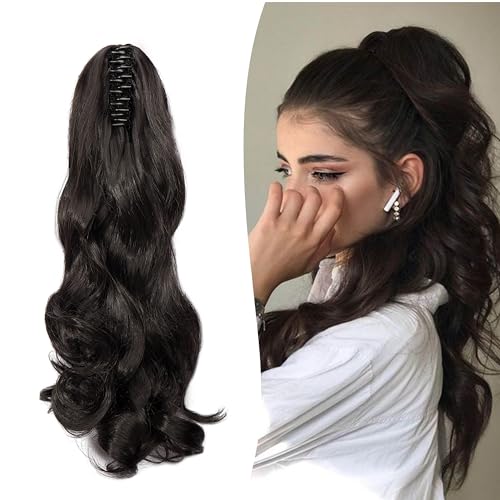 Gairyan 50cm Pferdeschwanz Haarteil Zopf Extensions Lang Lockige Claw Clip in Ponytail Extensions Synthetik Haare Extensions Gewellt Haarteil Haarverlängerung für Frauen (Dunkelbraun) von Gairyan