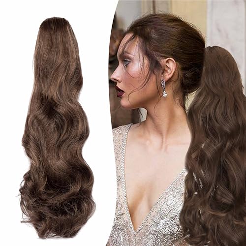 Gairyan 50cm Pferdeschwanz Haarteil Zopf Extensions Lang Lockige Claw Clip in Ponytail Extensions Synthetik Haare Extensions Gewellt Haarteil Haarverlängerung für Frauen (Dunkelbraun & Auburn) von Gairyan