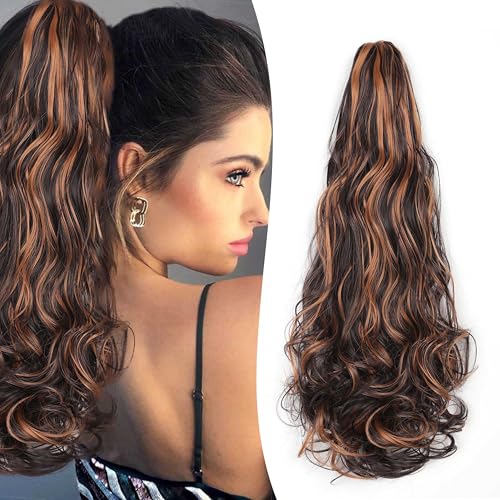 Gairyan 50cm Pferdeschwanz Haarteil Zopf Extensions Lang Lockige Claw Clip in Ponytail Extensions Synthetik Haare Extensions Gewellt Haarteil Haarverlängerung für Frauen (Dunkelbraun & Hellbraun) von Gairyan