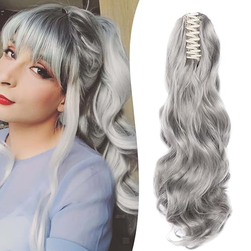Gairyan 50cm Pferdeschwanz Haarteil Zopf Extensions Lang Lockige Claw Clip in Ponytail Extensions Synthetik Haare Extensions Gewellt Haarteil Haarverlängerung für Frauen (Dunkelgrau) von Gairyan