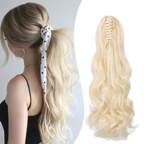 Gairyan 50cm Pferdeschwanz Haarteil Zopf Extensions Lang Lockige Claw Clip in Ponytail Extensions Synthetik Haare Extensions Gewellt Haarteil Haarverlängerung für Frauen (Gebleichtes Blond) von Gairyan