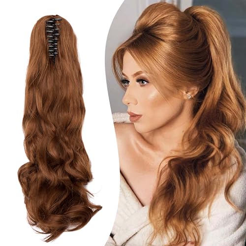 Gairyan 50cm Pferdeschwanz Haarteil Zopf Extensions Lang Lockige Claw Clip in Ponytail Extensions Synthetik Haare Extensions Gewellt Haarteil Haarverlängerung für Frauen (Leichtes Auburn) von Gairyan
