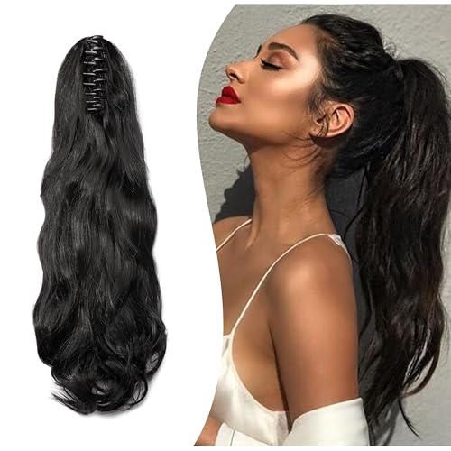 Gairyan 50cm Pferdeschwanz Haarteil Zopf Extensions Lang Lockige Claw Clip in Ponytail Extensions Synthetik Haare Extensions Gewellt Haarteil Haarverlängerung für Frauen (Schwarz) von Gairyan