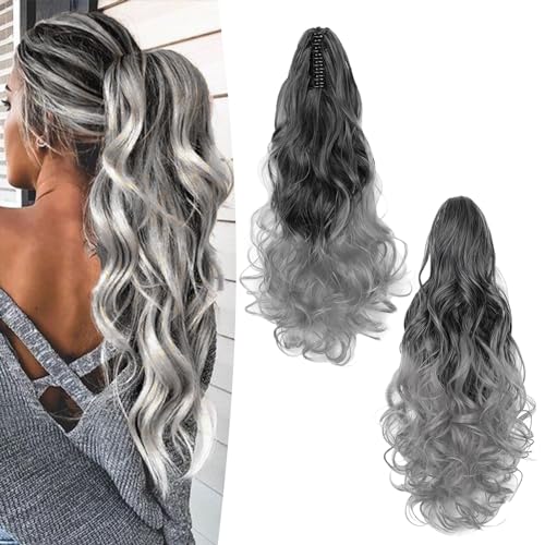 Gairyan 50cm Pferdeschwanz Haarteil Zopf Extensions Lang Lockige Claw Clip in Ponytail Extensions Synthetik Haare Extensions Gewellt Haarteil Haarverlängerung für Frauen (Schwarz Ombre Grau) von Gairyan
