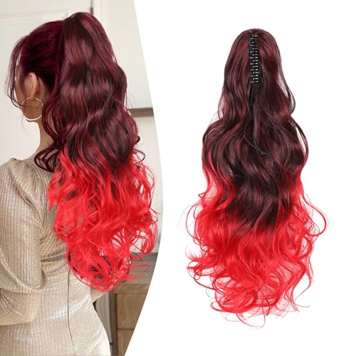 Gairyan 50cm Pferdeschwanz Haarteil Zopf Extensions Lang Lockige Claw Clip in Ponytail Extensions Synthetik Haare Extensions Gewellt Haarteil Haarverlängerung für Frauen (Schwarz Ombre Rot) von Gairyan
