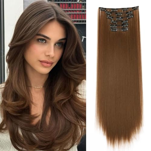 Gairyan 58cm Clip in Extensions Braun Glatt Lang 6PCS Haarverlängerungen mit Clips Synthetik Haar Extensions Clip in Haarteil Haarextension Gerade für Frauen, Hellbraun von Gairyan