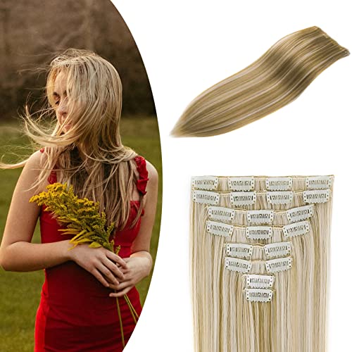 Gairyan 60cm Clip in Extensions Haarverlängerung Haarteil Glatt Lang 8 Teile Set Synthetik Haar Clip in Haarextension Kunsthaar für Mädchen (Dunkelblond & Bleichblond) von Gairyan