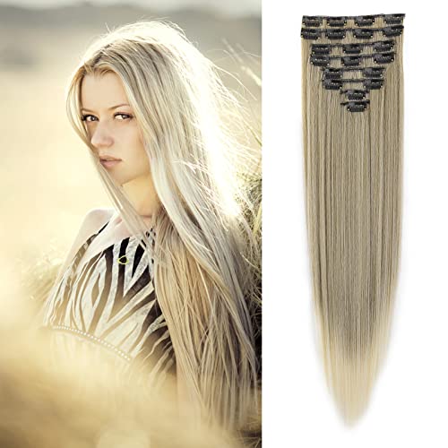 Gairyan 60cm Clip in Extensions Haarverlängerung Haarteil Glatt Lang 8 Teile Set Synthetik Haar Clip in Haarextension Kunsthaar für Mädchen (Goldbraun zu Bleichblond) von Gairyan