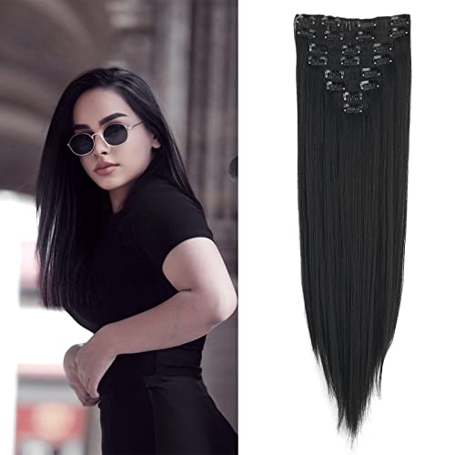 Gairyan 60cm Clip in Extensions Haarverlängerung Haarteil Glatt Lang 8 Teile Set Synthetik Haar Clip in Haarextension Kunsthaar für Mädchen (Schwarz) von Gairyan