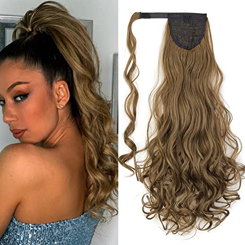 Gairyan 60cm Lang Gewellt Ponytail Extension Gewickelt Pferdeschwanz Haarteil Zopf Extensions Haarverlängerung Kunsthaar Clip in Zopf Haarteil Lockige Synthetik Haare für Frauen (Goldbraun) von Gairyan
