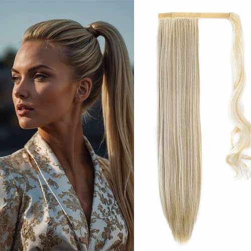 Gairyan 60cm Lang Glatt Ponytail Extension Gewickelt Pferdeschwanz Haarteil Zopf Extensions Haarverlängerung Kunsthaar Clip in Zopf Haarteil Synthetik Haare für Frauen (Blond & Sandyblond) von Gairyan
