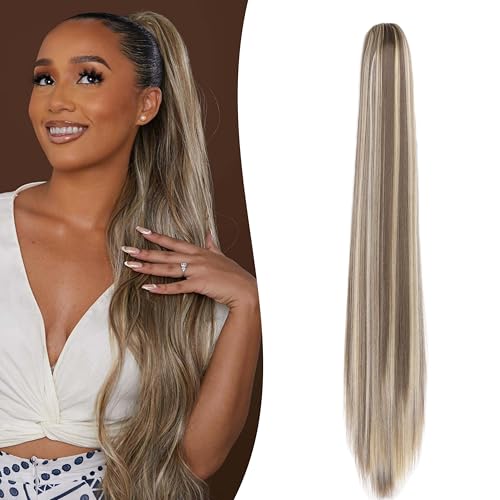 Gairyan 60cm Pferdeschwanz Haarteil Zopf Extensions Lang Glatt Klammer Claw Clip in Ponytail Extensions Synthetik Haare Extensions Gerade Haarteil Haarverlängerung für Frauen (Aschblond & Blond) von Gairyan