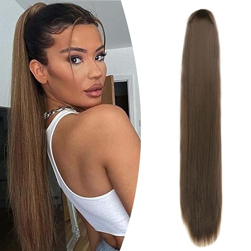 Gairyan 60cm Pferdeschwanz Haarteil Zopf Extensions Lang Glatt Klammer Claw Clip in Ponytail Extensions Synthetik Haare Extensions Gerade Haarteil Haarverlängerung für Frauen (Chestnut Brown) von Gairyan