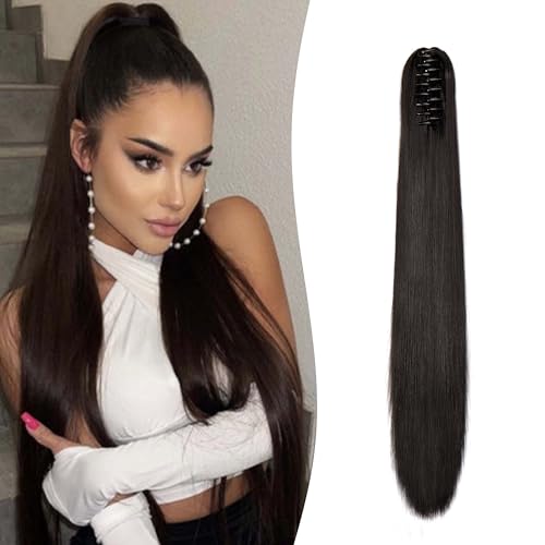 Gairyan 60cm Pferdeschwanz Haarteil Zopf Extensions Lang Glatt Klammer Claw Clip in Ponytail Extensions Synthetik Haare Extensions Gerade Haarteil Haarverlängerung für Frauen (Dunkelbraun) von Gairyan