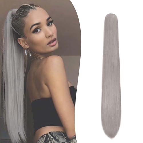 Gairyan 60cm Pferdeschwanz Haarteil Zopf Extensions Lang Glatt Klammer Claw Clip in Ponytail Extensions Synthetik Haare Extensions Gerade Haarteil Haarverlängerung für Frauen (Dunkelgrau) von Gairyan