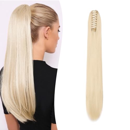 Gairyan 60cm Pferdeschwanz Haarteil Zopf Extensions Lang Glatt Klammer Claw Clip in Ponytail Extensions Synthetik Haare Extensions Gerade Haarteil Haarverlängerung für Frauen (Gebleichtes Blond) von Gairyan