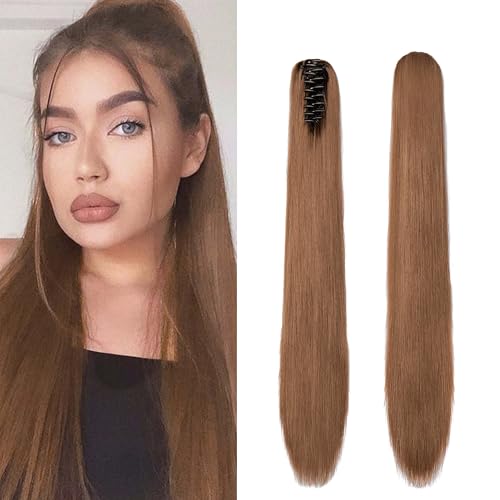 Gairyan 60cm Pferdeschwanz Haarteil Zopf Extensions Lang Glatt Klammer Claw Clip in Ponytail Extensions Synthetik Haare Extensions Gerade Haarteil Haarverlängerung für Frauen (Goldbraun) von Gairyan
