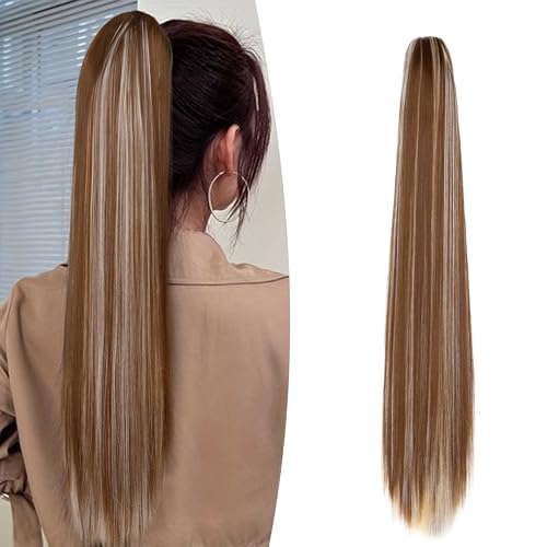 Gairyan 60cm Pferdeschwanz Haarteil Zopf Lang Glatt Klammer Claw Clip in Ponytail Extensions Synthetik Haare Gerade Haarverlängerung für Frauen (Goldbraun & Blond) von Gairyan