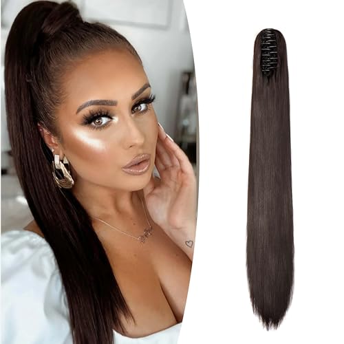 Gairyan 60cm Pferdeschwanz Haarteil Zopf Extensions Lang Glatt Klammer Claw Clip in Ponytail Extensions Synthetik Haare Extensions Gerade Haarteil Haarverlängerung für Frauen (Mittel braun) von Gairyan