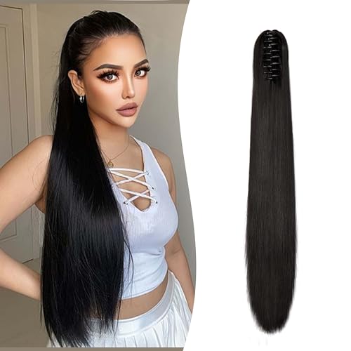 Gairyan 60cm Pferdeschwanz Haarteil Zopf Extensions Lang Glatt Klammer Claw Clip in Ponytail Extensions Synthetik Haare Extensions Gerade Haarteil Haarverlängerung für Frauen (Natürlich Schwarz) von Gairyan