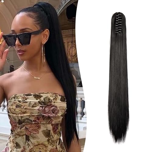 Gairyan 60cm Pferdeschwanz Haarteil Zopf Extensions Lang Glatt Klammer Claw Clip in Ponytail Extensions Synthetik Haare Extensions Gerade Haarteil Haarverlängerung für Frauen (Schwarz) von Gairyan