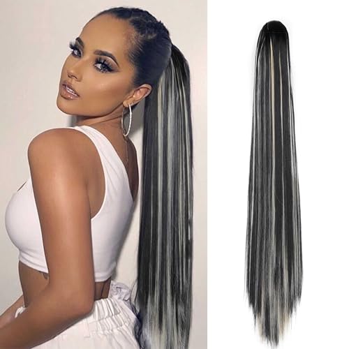 Gairyan 60cm Pferdeschwanz Haarteil Zopf Extensions Lang Glatt Klammer Claw Clip in Ponytail Extensions Synthetik Haare Extensions Gerade Haarteil Haarverlängerung für Frauen (Schwarz & Bleichblond) von Gairyan