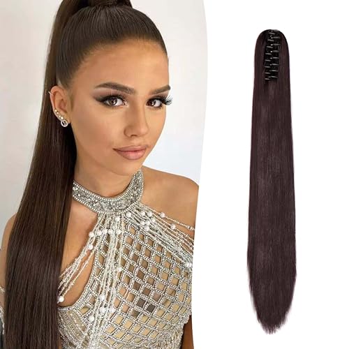 Gairyan 60cm Pferdeschwanz Haarteil Zopf Extensions Lang Glatt Klammer Claw Clip in Ponytail Extensions Synthetik Haare Extensions Gerade Haarteil Haarverlängerung für Frauen (Weinrot) von Gairyan