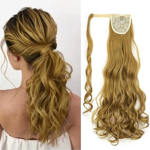 Gairyan 60cm Pferdeschwanz Haarteil Zopf Extensions Ponytail Extension Lang Gewellt Gewickelt Haarverlängerung Kunsthaar Clip in Zopf Haarteil Lockige Synthetik Haare für Frauen (Dunkel-Blondine) von Gairyan
