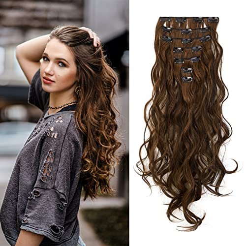 Gairyan Clip in Extensions Haarverlängerung 7 Teile Synthetik Haarteile Hair Extensions Klips 50cm Lockige Gewellt Lang Kunsthaar für Damen (Mittelbraun & Leichtes Auburn) von Gairyan