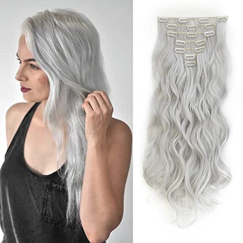 Gairyan Clip in Extensions Haarverlängerung 7 Teile Synthetik Haarteile Hair Extensions Klips 50cm Lockige Gewellt Lang Kunsthaar für Damen (Silber-Grau) von Gairyan