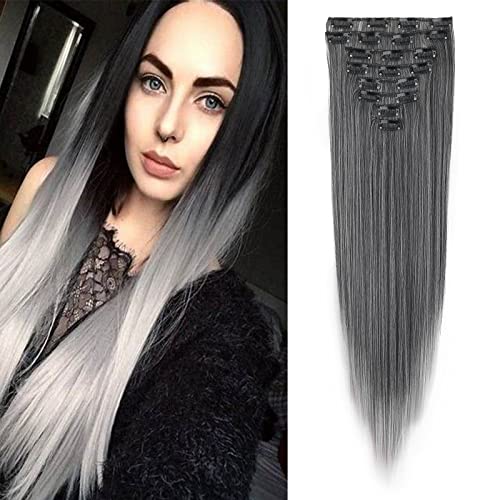 Gairyan Clip in Extensions Haarverlängerung Clips 8 Teile Set Synthetik Haarteil Clip on Hair Extensions Klips 60cm Glatt Lang Balayage Kunsthaar für Mädchen (Schwarz zu Grau) von Gairyan