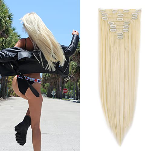 Gairyan Clip in Extensions Haarverlängerung Clips 8 Teile Set Synthetik Haarteil Clip on Hair Extensions Klips 60cm Glatt Lang Kunsthaar für Mädchen (Bleichblond) von Gairyan