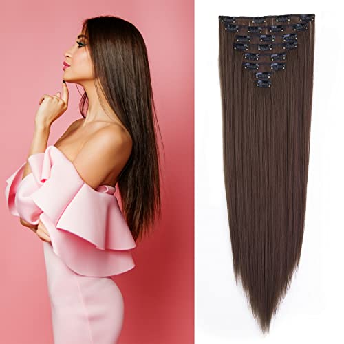 Gairyan Clip in Extensions Haarverlängerung Clips 8 Teile Set Synthetik Haarteil Clip on Hair Extensions Klips 60cm Glatt Lang Kunsthaar für Mädchen (Hellbraun) von Gairyan