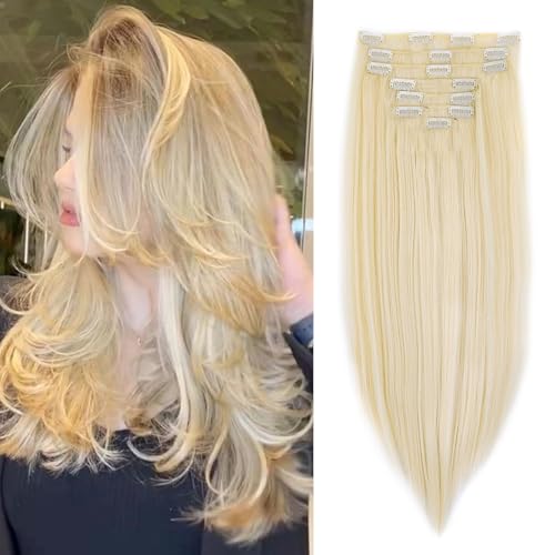 Gairyan Clip in Extensions Haarverlängerung Glatt Lang 8 Teile Set Synthetik Clip in Haarverlängerungen Haarteil Hair Extensions 66cm Kunsthaar für Mädchen (Bleichblond) von Gairyan