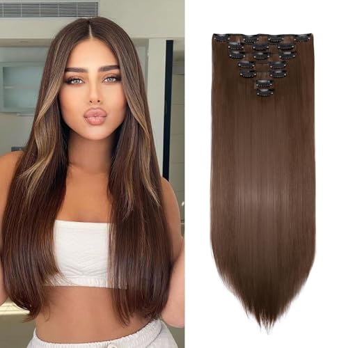 Gairyan Clip in Extensions Haarverlängerung Glatt Lang 8 Teile Set Synthetik Clip in Haarverlängerungen Haarteil Hair Extensions 66cm Kunsthaar für Mädchen (Goldbraun) von Gairyan