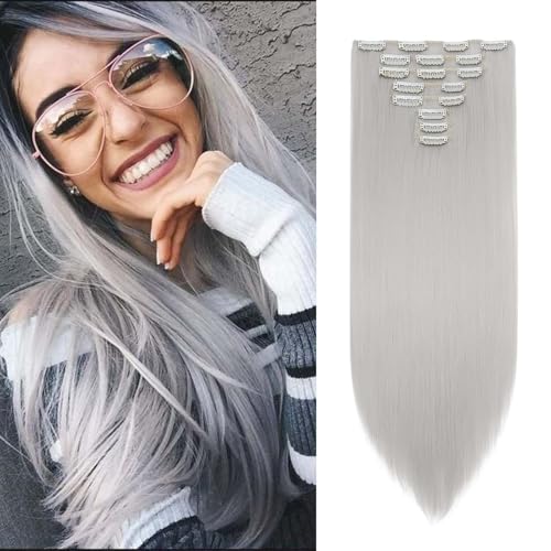 Gairyan Clip in Extensions Haarverlängerung Glatt Lang 8 Teile Set Synthetik Clip in Haarverlängerungen Haarteil Hair Extensions 66cm Kunsthaar für Mädchen (Hellgrau) von Gairyan