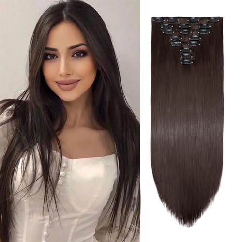 Gairyan Clip in Extensions Haarverlängerung Glatt Lang 8 Teile Set Synthetik Clip in Haarverlängerungen Haarteil Hair Extensions 66cm Kunsthaar für Mädchen (Mittel braun) von Gairyan