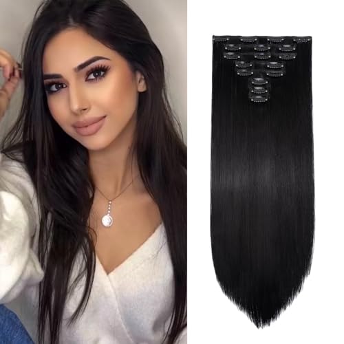 Gairyan Clip in Extensions Haarverlängerung Glatt Lang 8 Teile Set Synthetik Clip in Haarverlängerungen Haarteil Hair Extensions 66cm Kunsthaar für Mädchen (Schwarz) von Gairyan