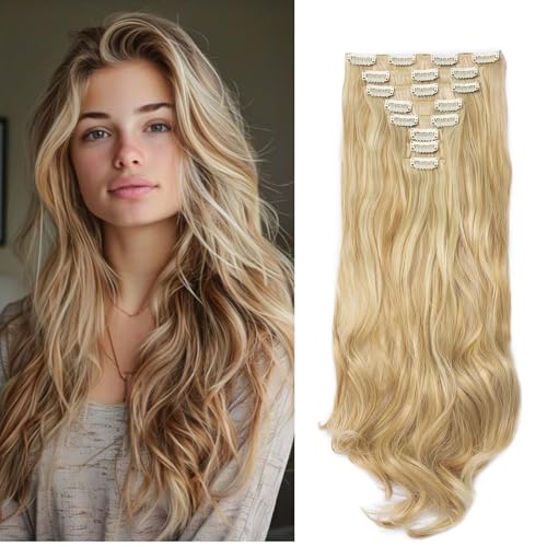 Gairyan Clip in Extensions Haarverlängerung Teile Gewellt Lang Synthetik Haarteile Clip in Haarverlängerung Haarextension Wellige 45cm Lockige Kunsthaar für Damen, Dunkelblond & Bleichblond von Gairyan