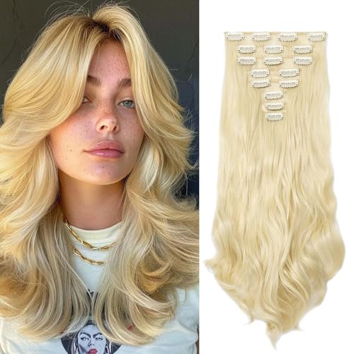 Gairyan Clip in Extensions Haarverlängerung Teile Gewellt Lang Blond Synthetik Haarteile Clip in Haarverlängerung Wellige 45cm Lockige Kunsthaar für Damen, Bleichblond von Gairyan