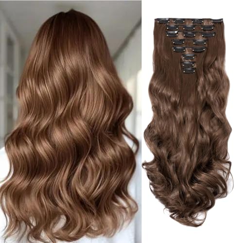 Gairyan Clip in Extensions Haarverlängerung Braun Teile Gewellt Lang Synthetik Clip in Haarverlängerungen Haarteile Wellige 45cm Lockige Kunsthaar für Damen, Goldbraun von Gairyan