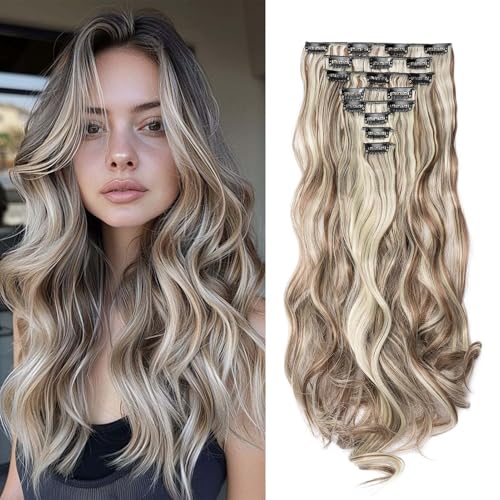 Gairyan Clip in Extensions Haarverlängerung Teile Gewellt Lang Synthetik Haarteile Clip in Haarverlängerung Wellige 45cm Lockige Haarextension für Damen, Goldbraun & Bleichblond von Gairyan