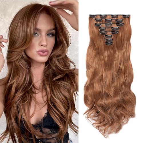 Gairyan Clip in Extensions Haarverlängerung Teile Gewellt Lang Auburn Synthetik Haarteile Clip in Haarverlängerung Wellige 45cm Lockige Kunsthaar für Damen, Leichtes Auburn von Gairyan
