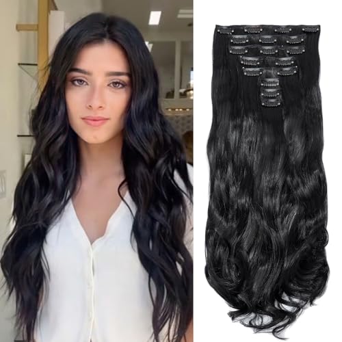 Gairyan Clip in Extensions Haarverlängerung Teile Gewellt Lang Schwarz Synthetik Clip in Haarverlängerungen Haarteile Wellige 45cm Lockige Haarextension für Damen von Gairyan
