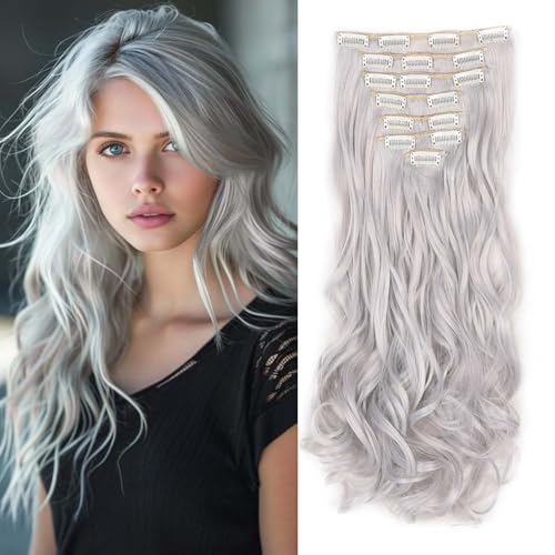 Gairyan Clip in Extensions Haarverlängerung Teile Gewellt Lang Synthetik Haarteile Clip in Haarverlängerung Wellige 45cm Lockige Kunsthaar für Damen, Silber-Grau von Gairyan