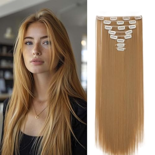 Gairyan Clip in Extensions Haarverlängerungen Glatt Lang 8 Teile Set Synthetik Clip in Haarverlängerung Haarteil Hair Extensions 66cm Kunsthaar für Mädchen (Dunkelblond) von Gairyan