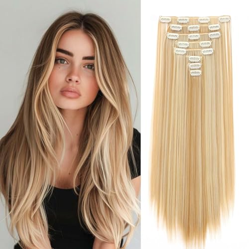 Gairyan Clip in Extensions Haarverlängerungen Glatt Lang 8 Teile Set Synthetik Clip in Haarverlängerung Haarteil Hair Extensions 66cm Kunsthaar für Mädchen (Dunkelblond & Bleichblond) von Gairyan