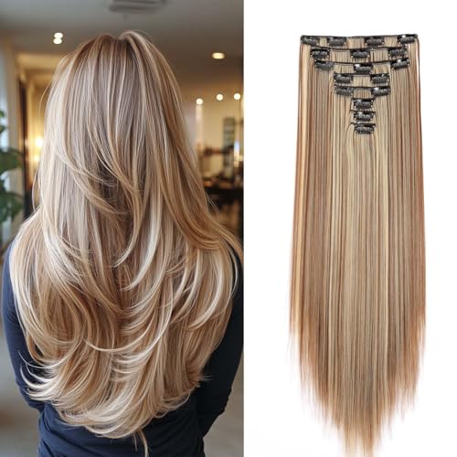 Gairyan Clip in Extensions Haarverlängerungen Glatt Lang 8 Teile Set Synthetik Clip in Haarverlängerung Haarteil Hair Extensions 66cm Kunsthaar für Mädchen (Goldbraun & Bleichblond) von Gairyan