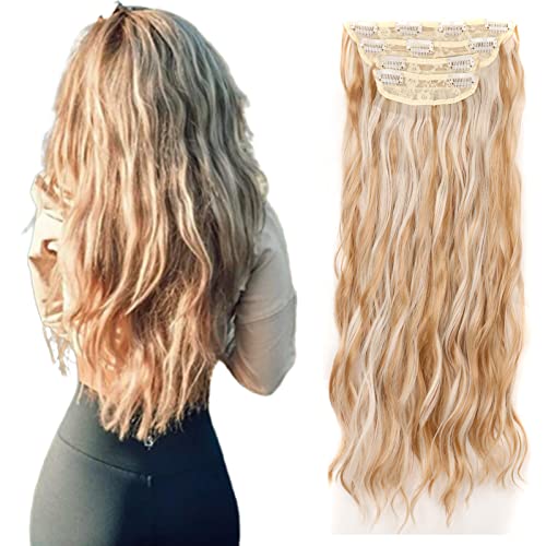 Gairyan Clip in Extensions Wellen Haarverlängerung Gewellte 4 Teiliges Set Haar Clip Extensions Haarteile Lang Synthetische locken Haarextension für Damen, 55cm 180g - Aschblond & Platinblond von Gairyan